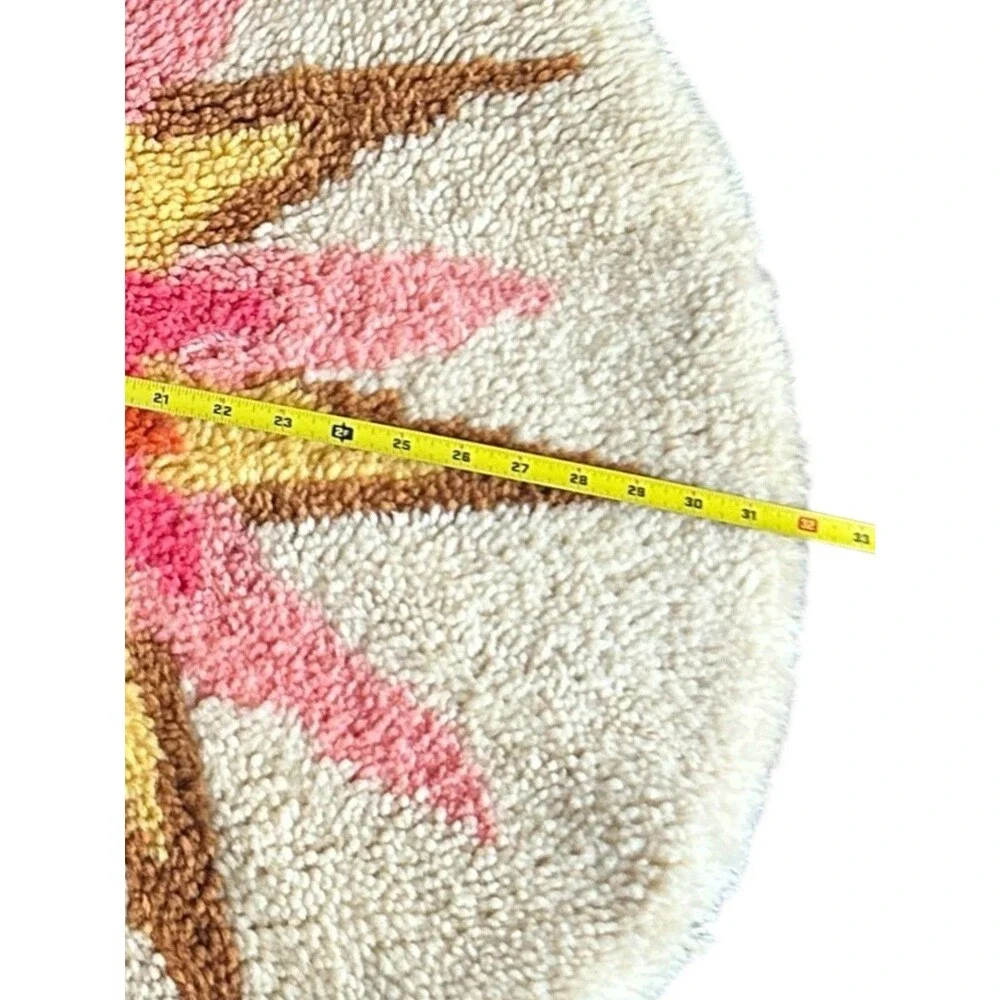 Vtg Hand Hooked Rug Round Starburst Sun Orange Pink Gold Cream Thick Plush 32”
